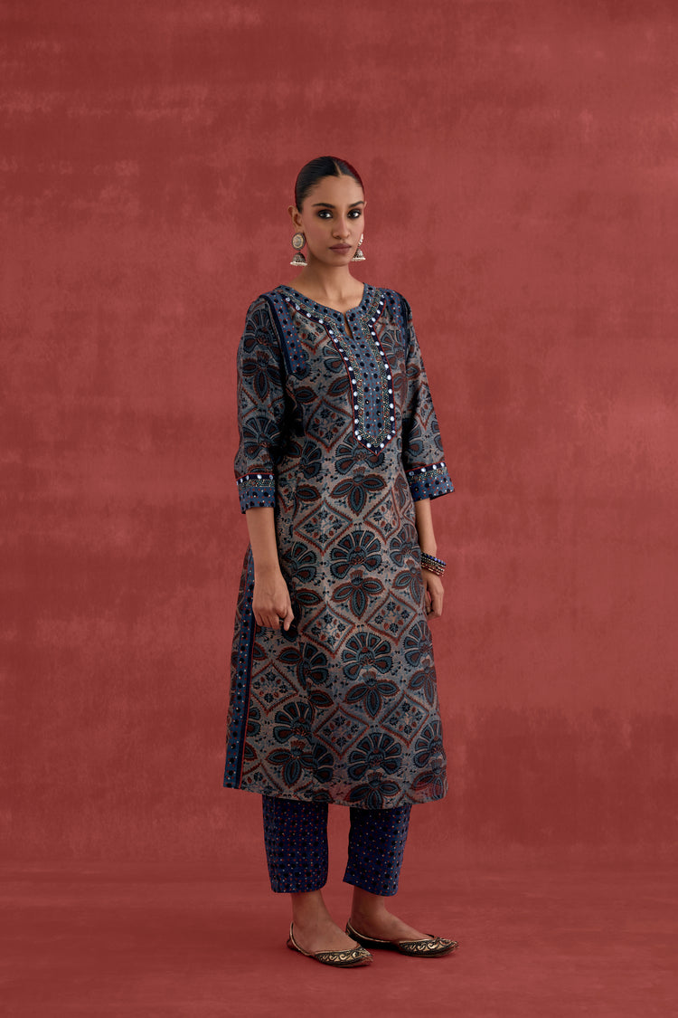 Adara Chanderi Vanaspati Block Printed Kurta Blue (10039928488235)