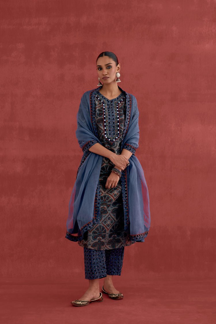 Adara Chanderi Vanaspati Block Printed Kurta Blue (10039928488235)