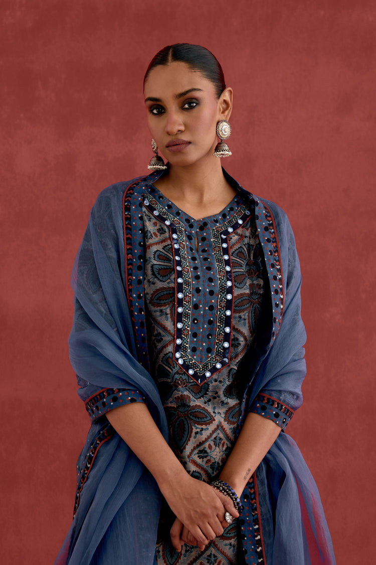 Adara Chanderi Vanaspati Block Printed Kurta Blue (10039928488235)