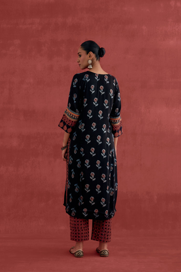 Rozana Modal Silk Block Printed Kurta Black (10039711891755)
