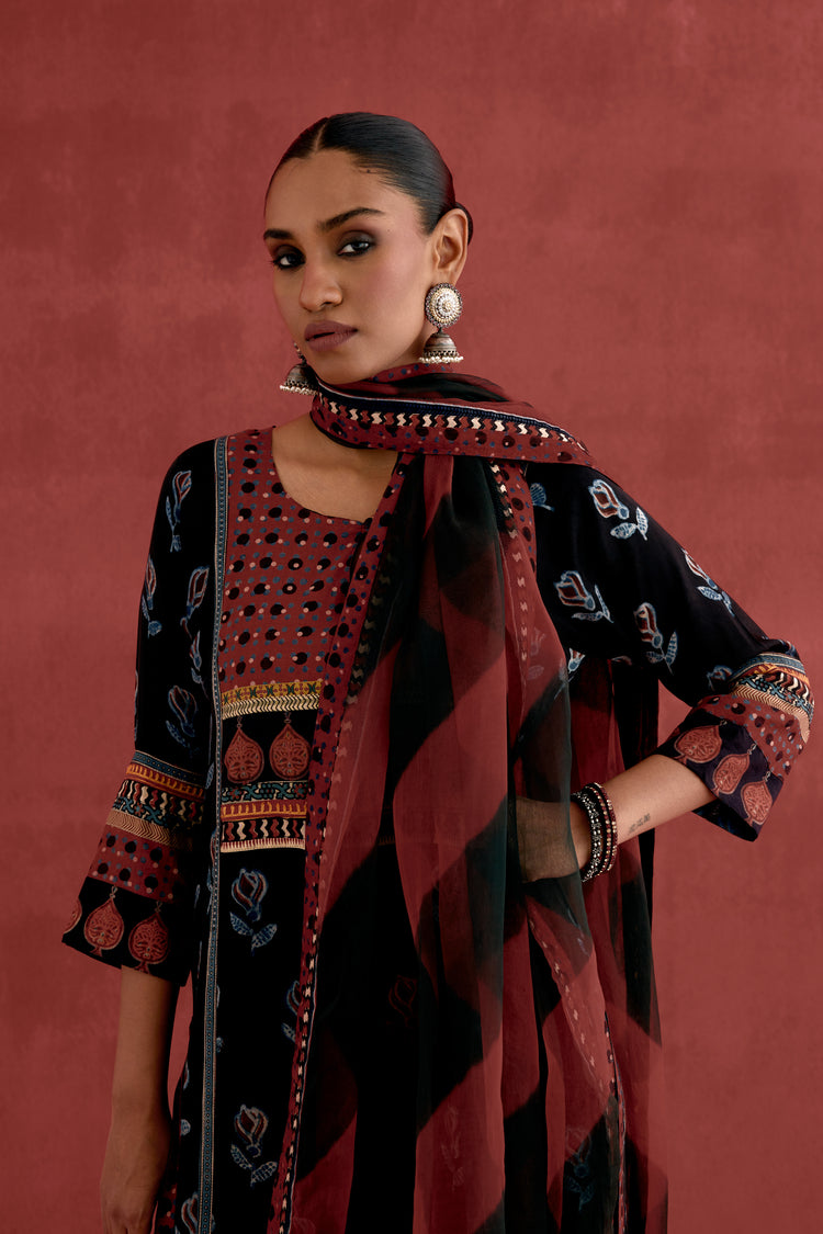 Rozana Modal Silk Block Printed Kurta Black (10039711891755)