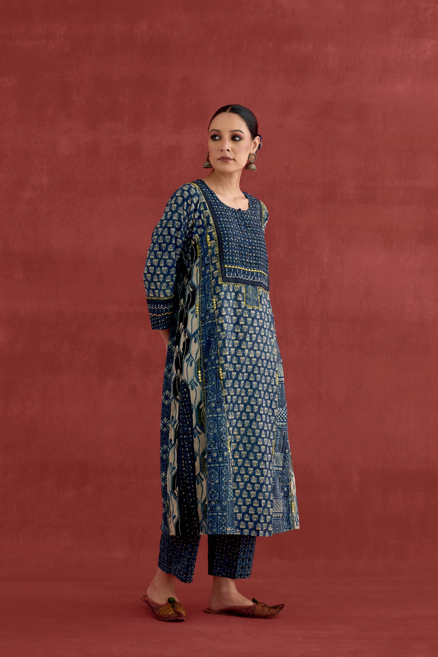 Adya Embroidered Cotton Ajrakh Block Printred Kurta Blue (10049059815723)
