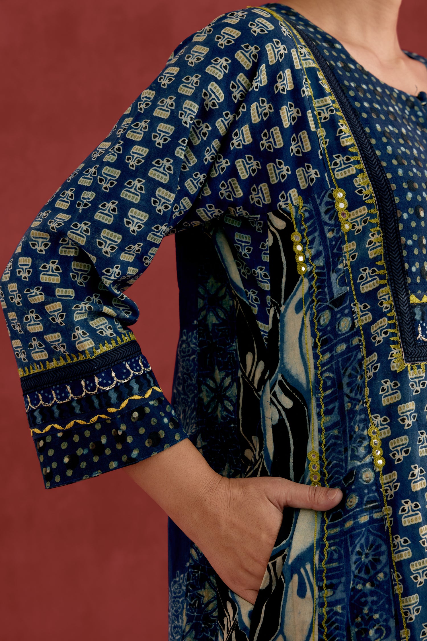 Adya Embroidered Cotton Ajrakh Block Printred Kurta Blue (10049059815723)