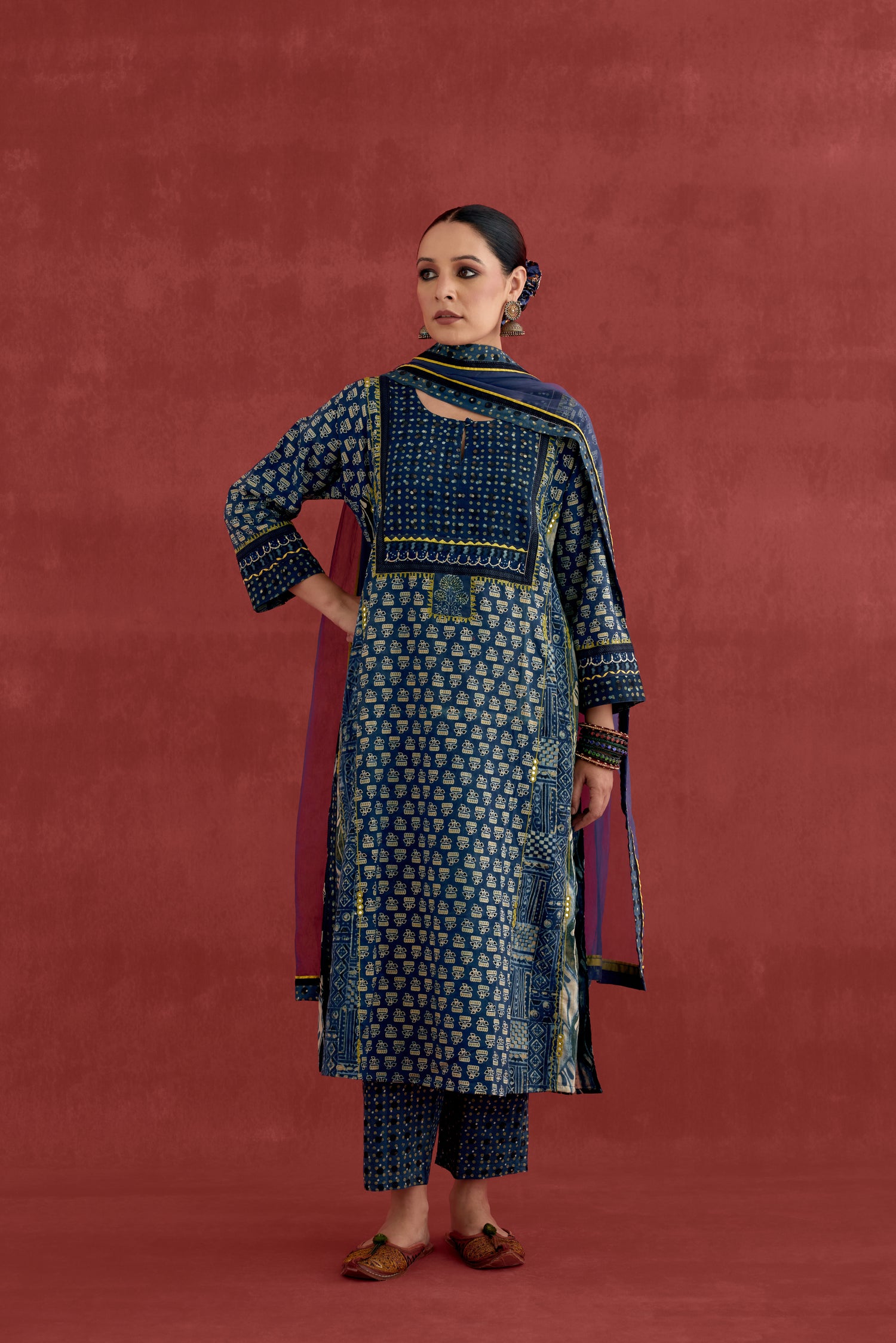 Adya Embroidered Cotton Ajrakh Block Printred Kurta Blue (10049059815723)