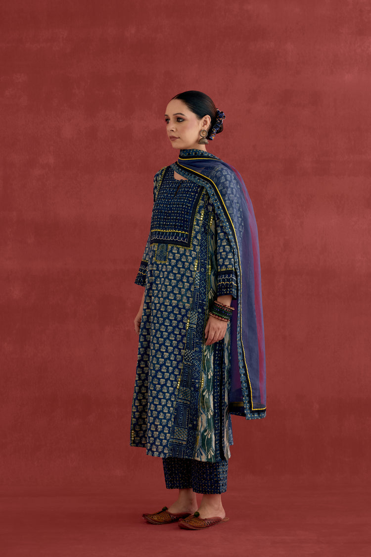 Adya Embroidered Cotton Ajrakh Block Printred Kurta Blue (10049059815723)