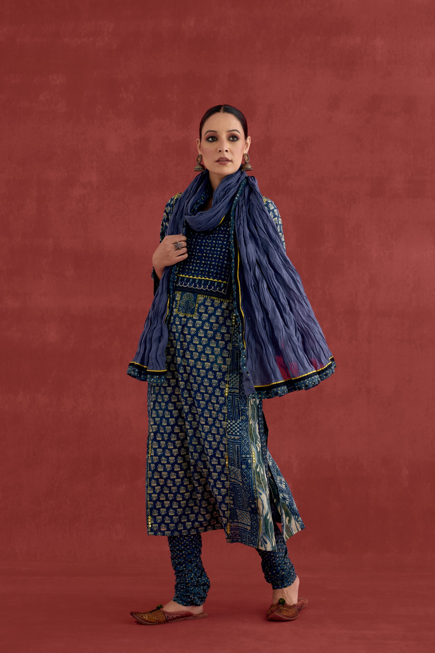 Adya Embroidered Cotton Ajrakh Block Printred Kurta Blue (10049059815723)