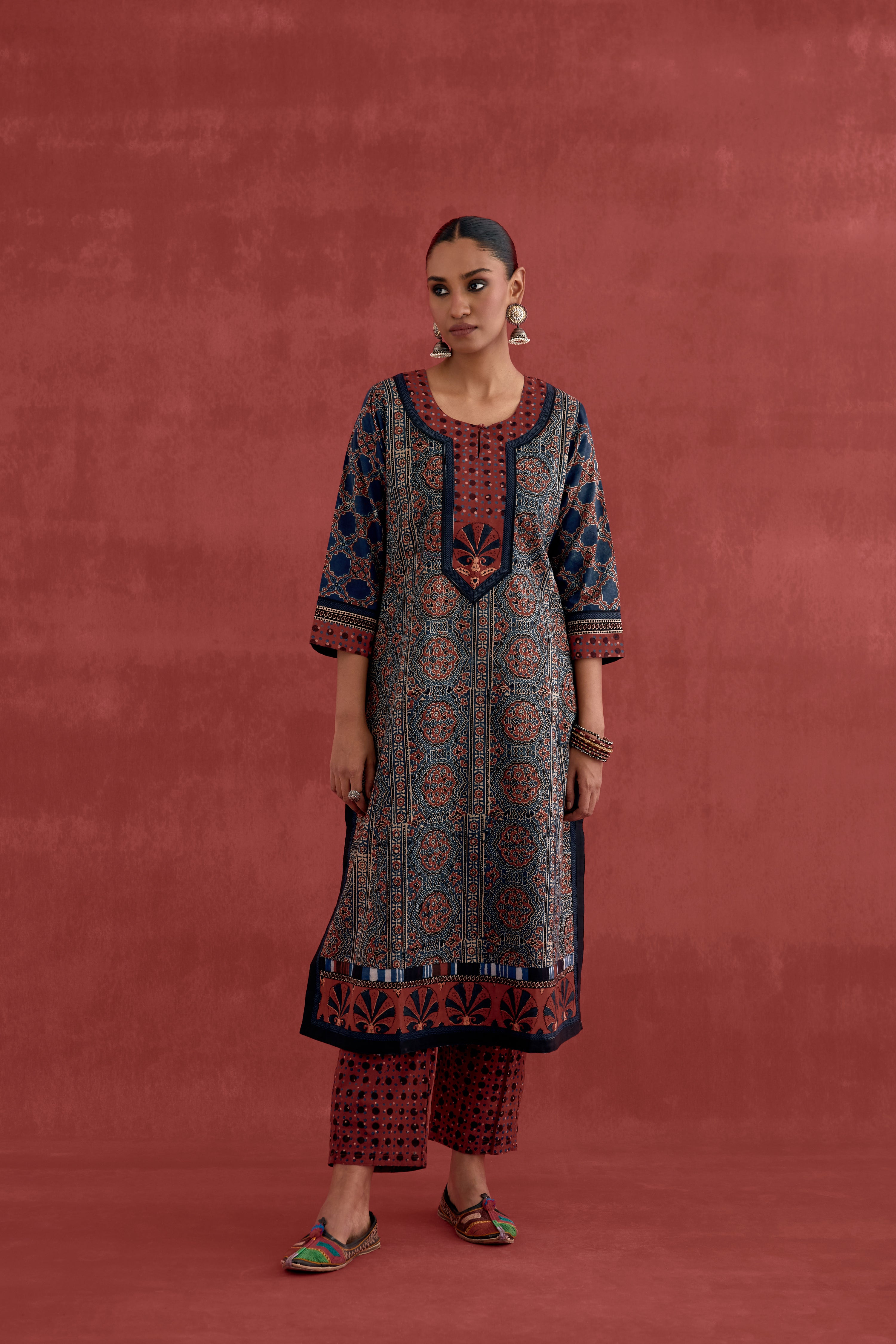 Miran Cotton Ajrakh Block Printed Kurta Blue Maroon (10049050411307)