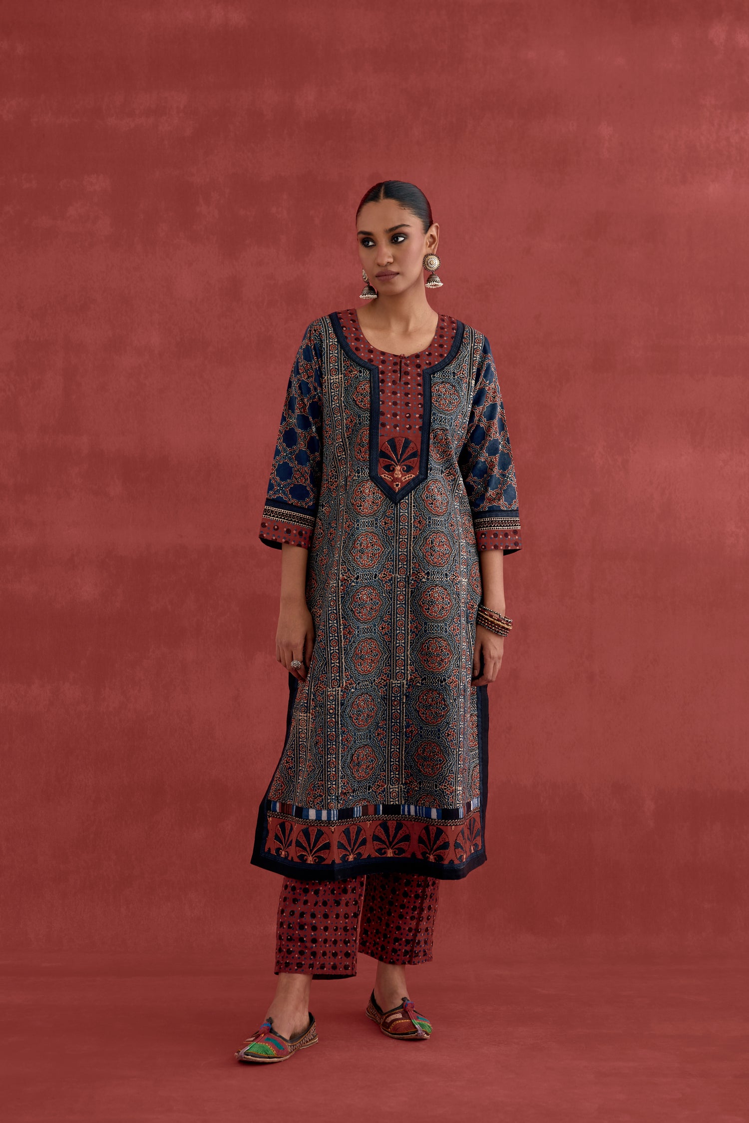 Miran Cotton Ajrakh Block Printed Kurta Blue Maroon (10049050411307)