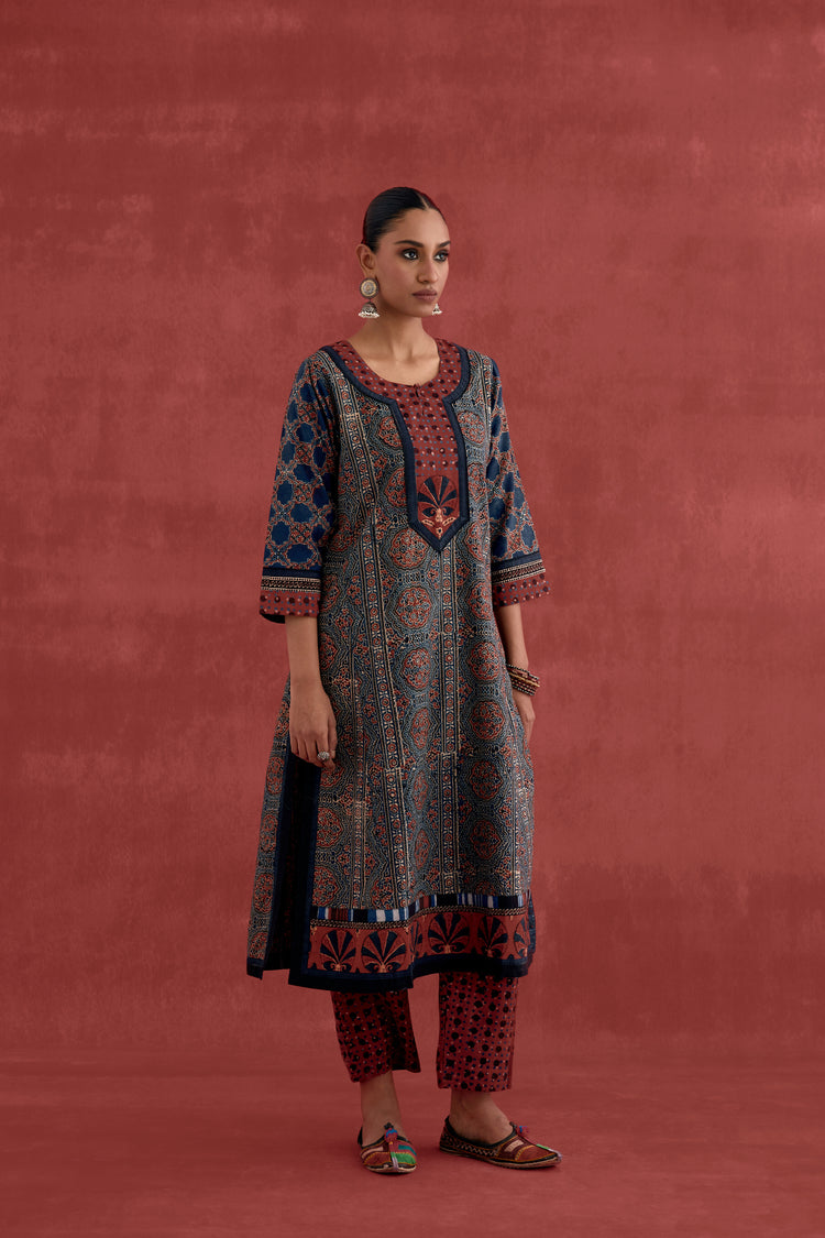 Miran Cotton Ajrakh Block Printed Kurta Blue Maroon (10049050411307)