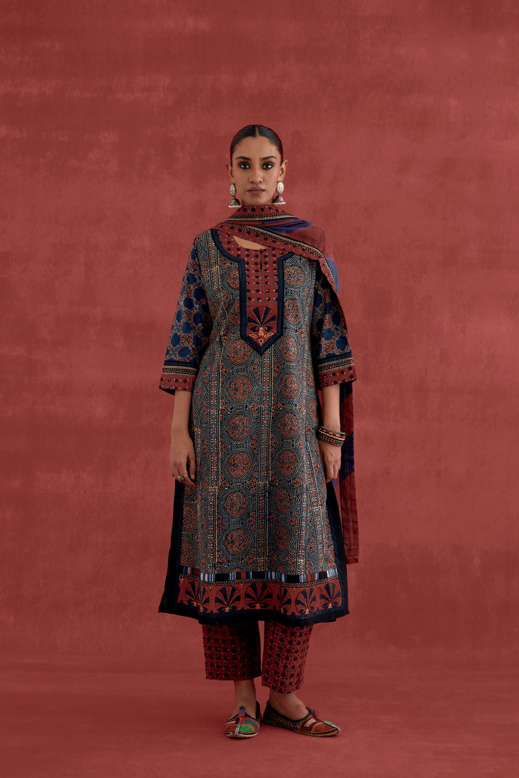 Miran Cotton Ajrakh Block Printed Kurta Blue Maroon (10049050411307)