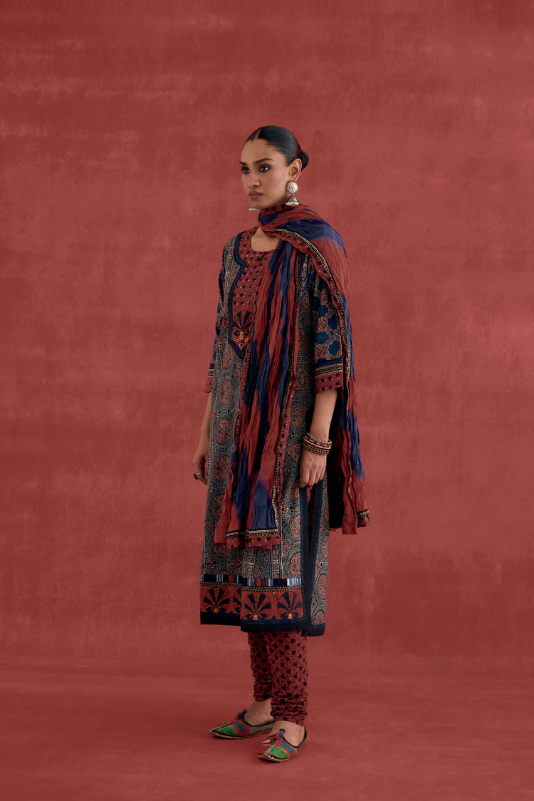 Miran Cotton Ajrakh Block Printed Kurta Blue Maroon (10049050411307)