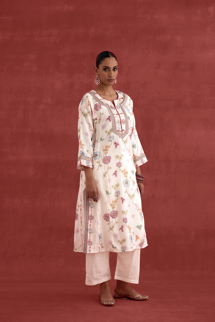 Adya Mul Chanderi Printed Kurta Cream Pink (10039409901867)