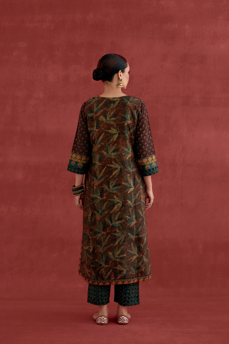 Rozana Chanderi Vanaspati Block Printed Kurta Rust Green (10039555883307)