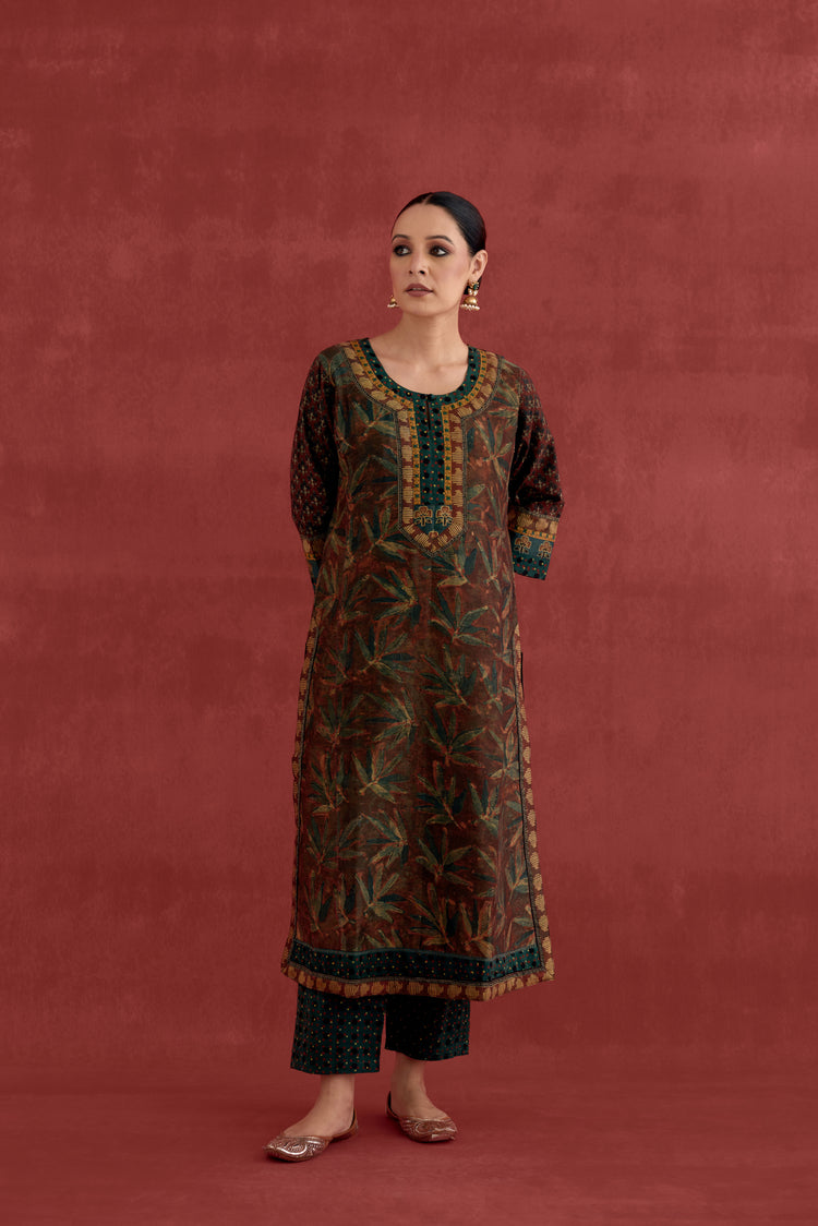 Rozana Chanderi Vanaspati Block Printed Kurta Rust Green (10039555883307)