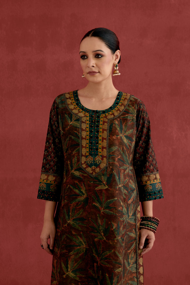 Rozana Chanderi Vanaspati Block Printed Kurta Rust Green (10039555883307)