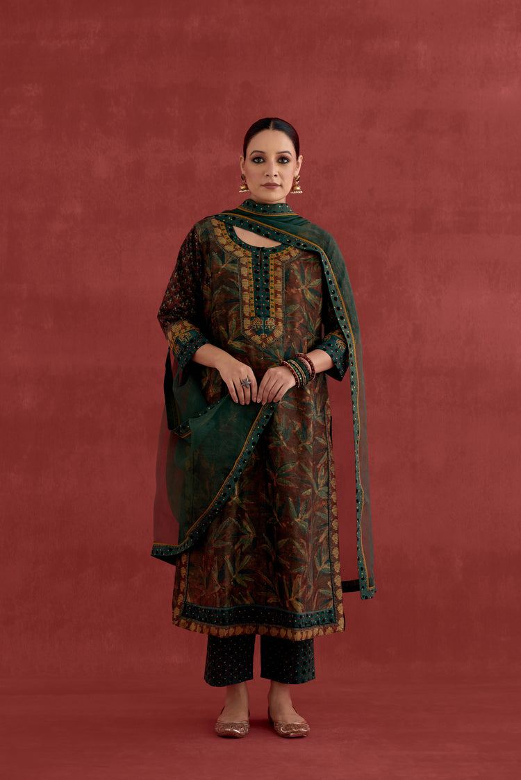 Rozana Chanderi Vanaspati Block Printed Kurta Rust Green (10039555883307)