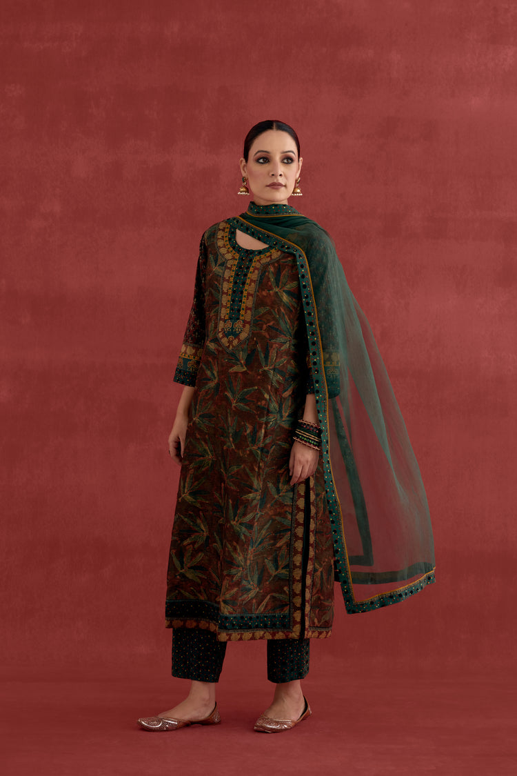 Rozana Chanderi Vanaspati Block Printed Kurta Rust Green (10039555883307)