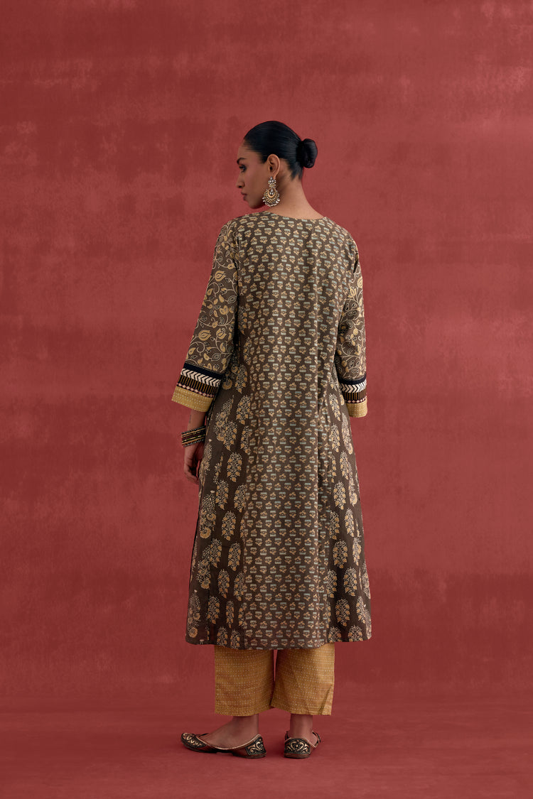 Adya Cotton Ajrakh Block Printed Kurta Grey Ochre (10039425007915)