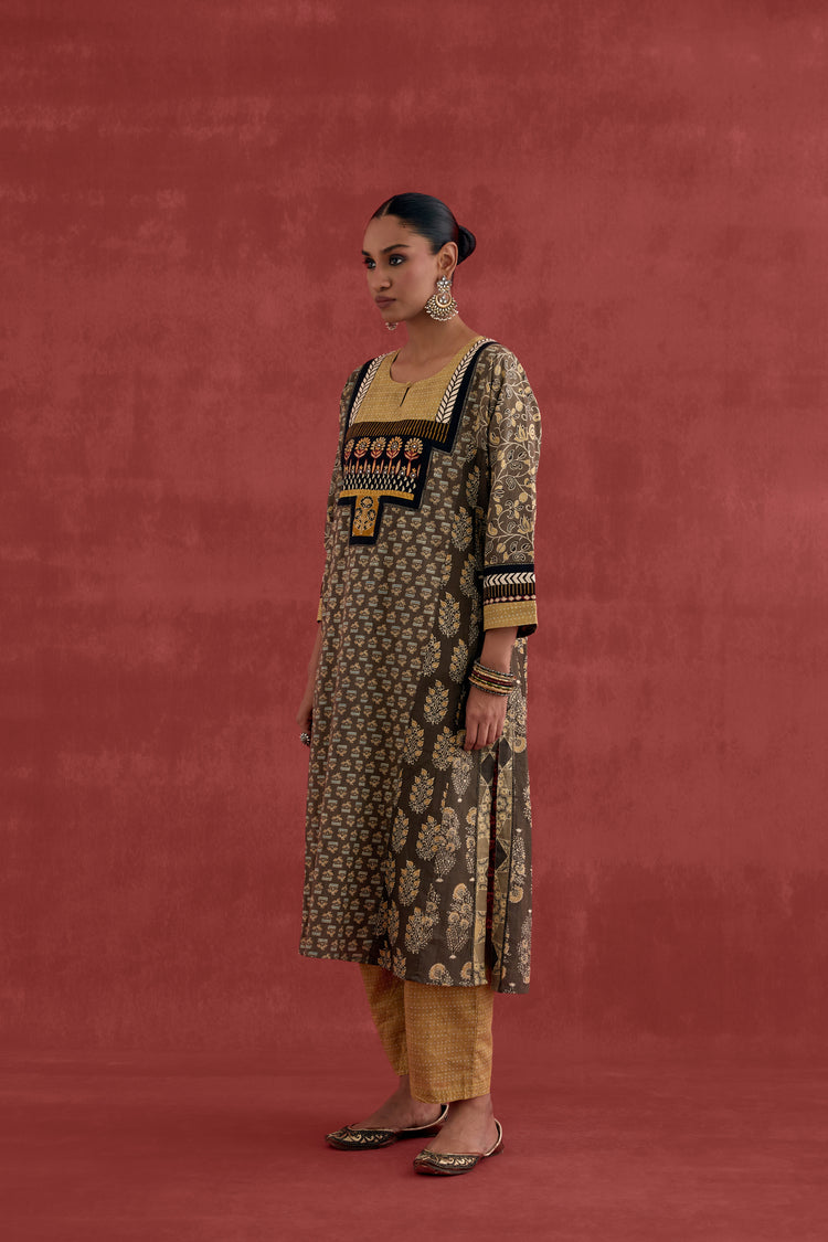 Adya Cotton Ajrakh Block Printed Kurta Grey Ochre (10039425007915)