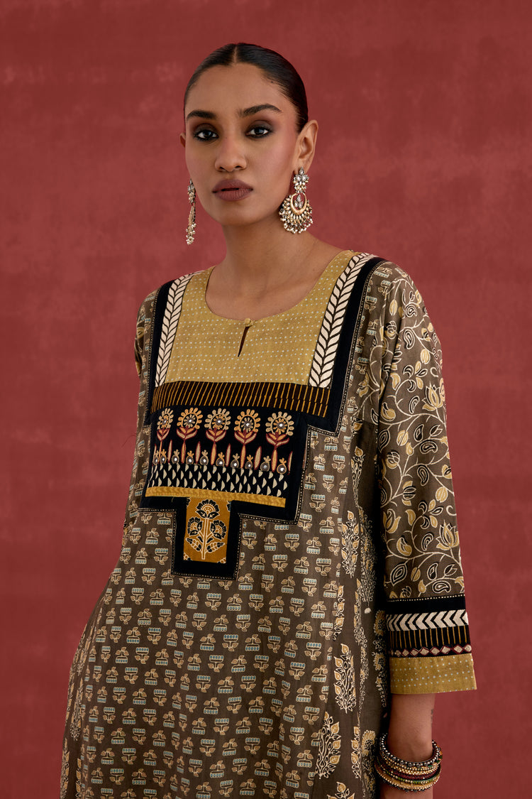 Adya Cotton Ajrakh Block Printed Kurta Grey Ochre (10039425007915)