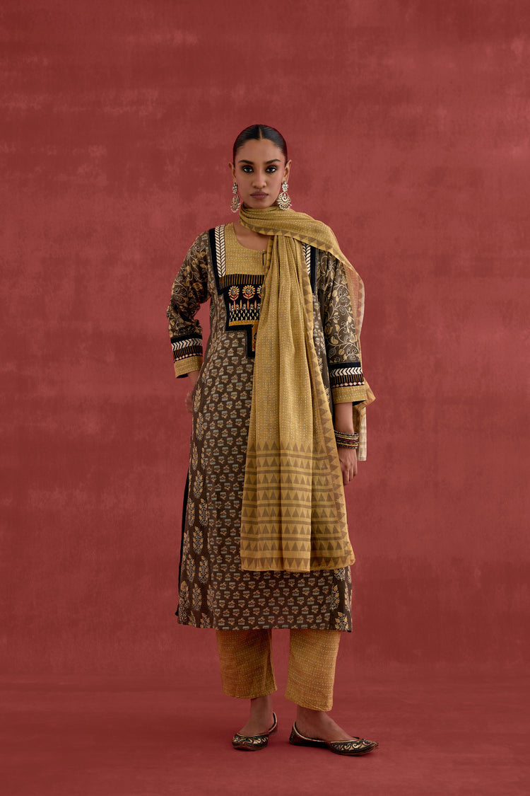 Adya Cotton Ajrakh Block Printed Kurta Grey Ochre (10039425007915)