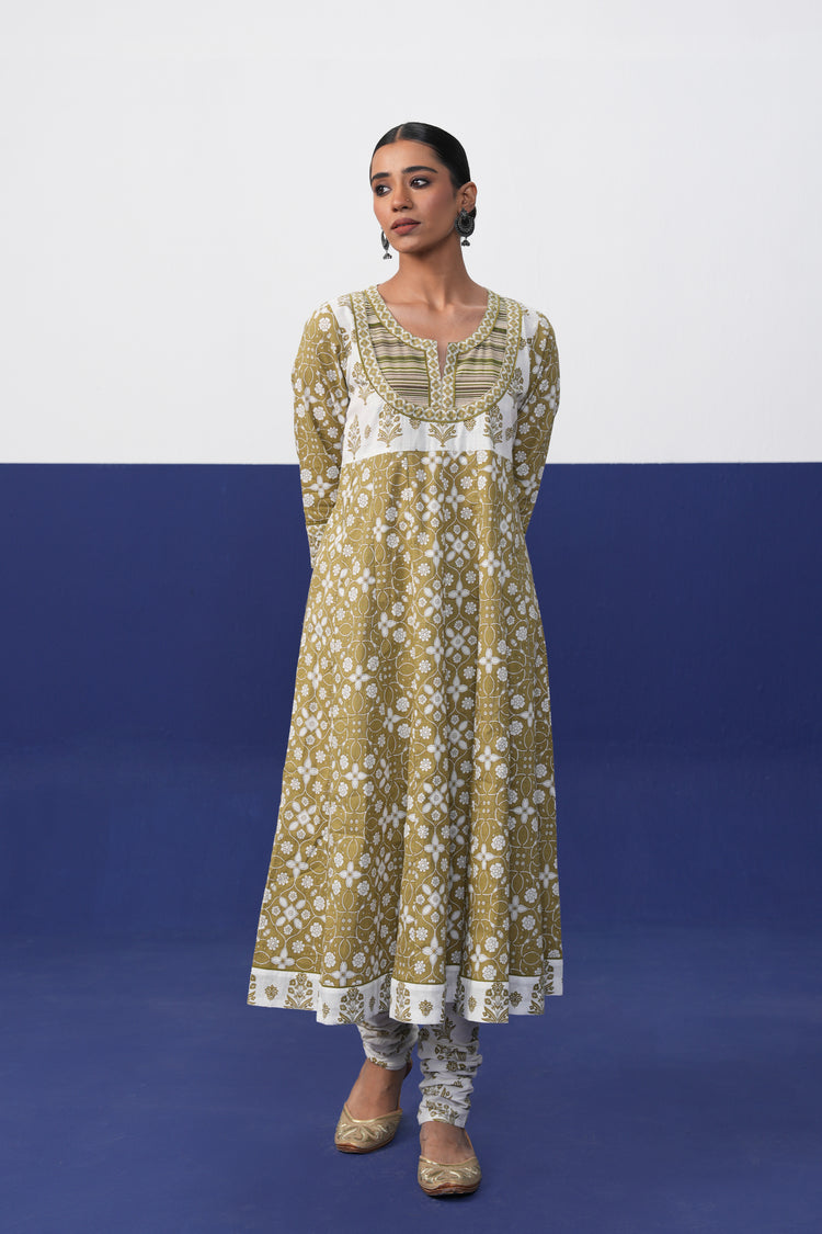 Anarkali Cotton Printed Kurta Olive Green