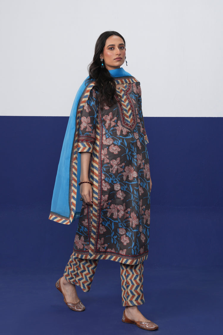 Anu Cotton Printed Kurta Dark Grey