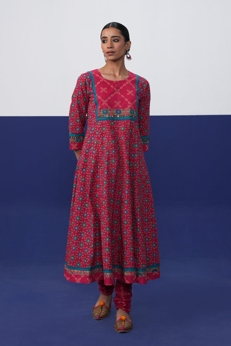 Rozana Anarkali Crinkled Cotton Printed Kurta Hot Pink