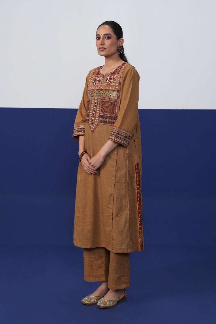 Tulsi Cotton Slub Embroidered Kurta Sand Brown