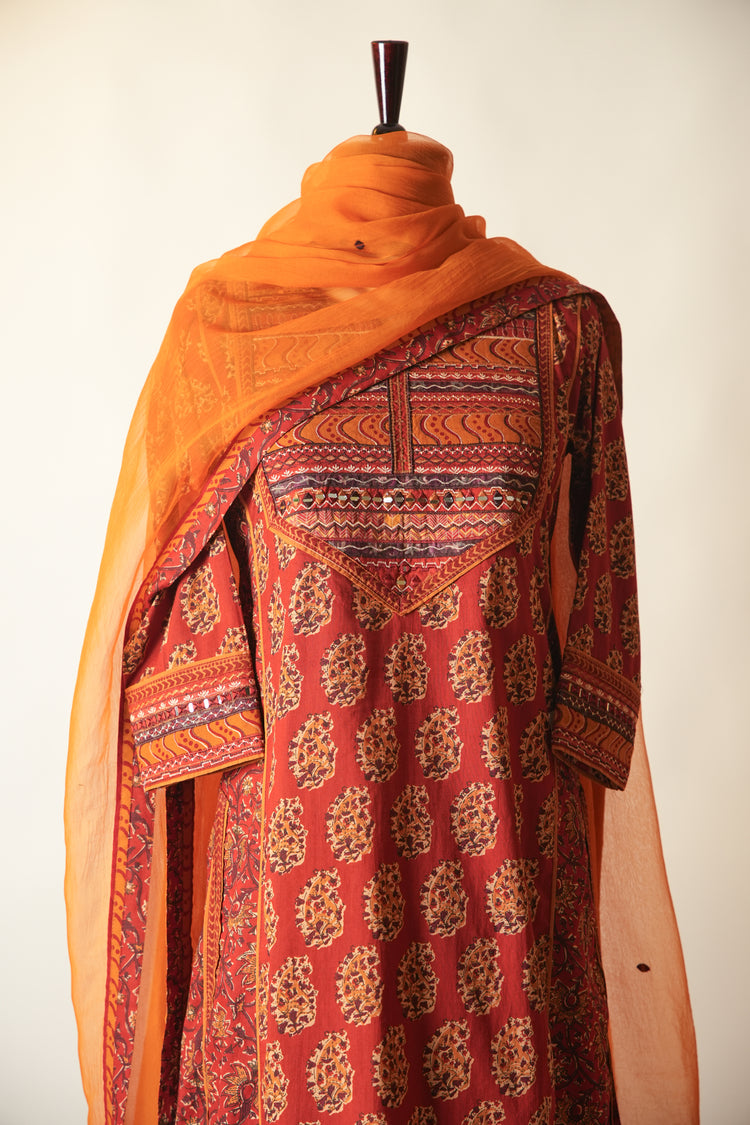 Dienne Embroidered Printed Cotton Kurta Red