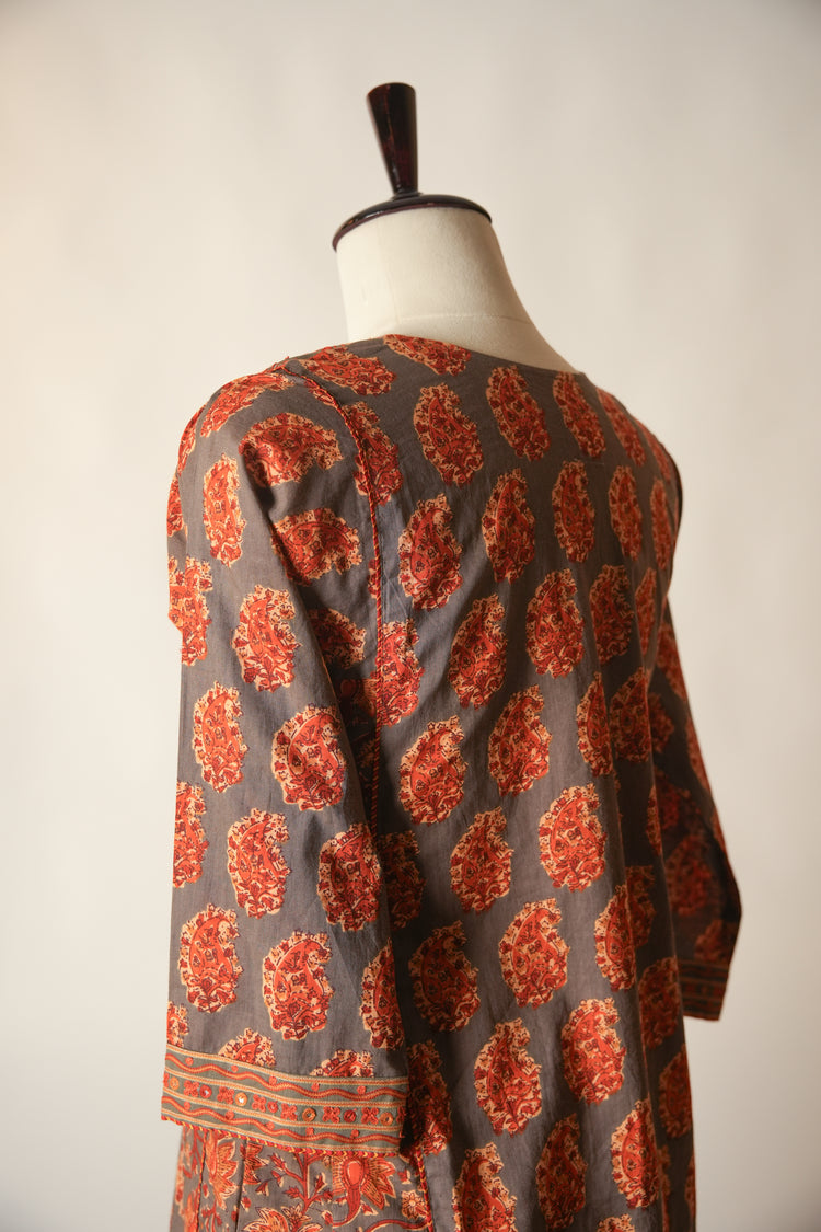 Tulsi Cotton Hand Block Printed Kurta Grey Rust