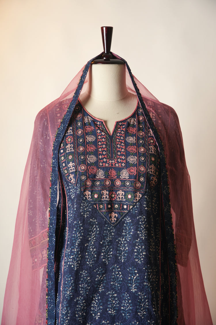 Tulsi Embroidered Hand Block Printed Cotton Kurta Blue