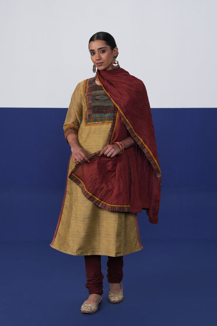 Rozana Chanderi Printed Kurta Ochre Yellow