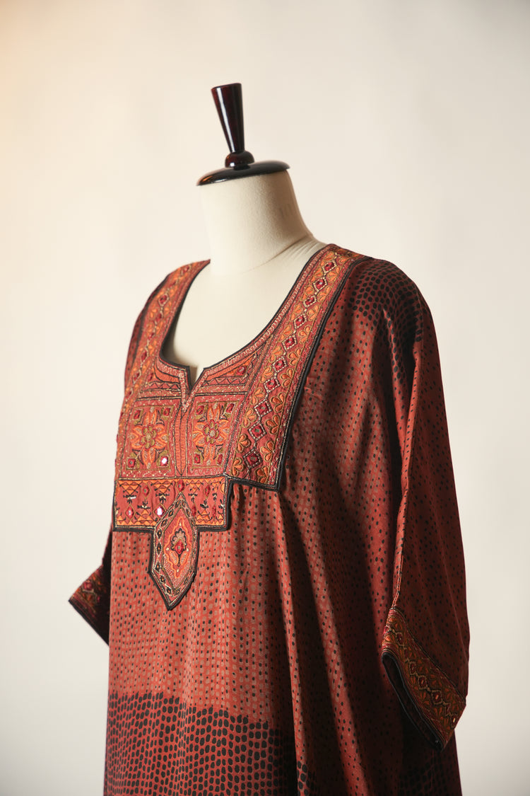 Medh Embroidered Modal Silk Kaftan Kurta Rust