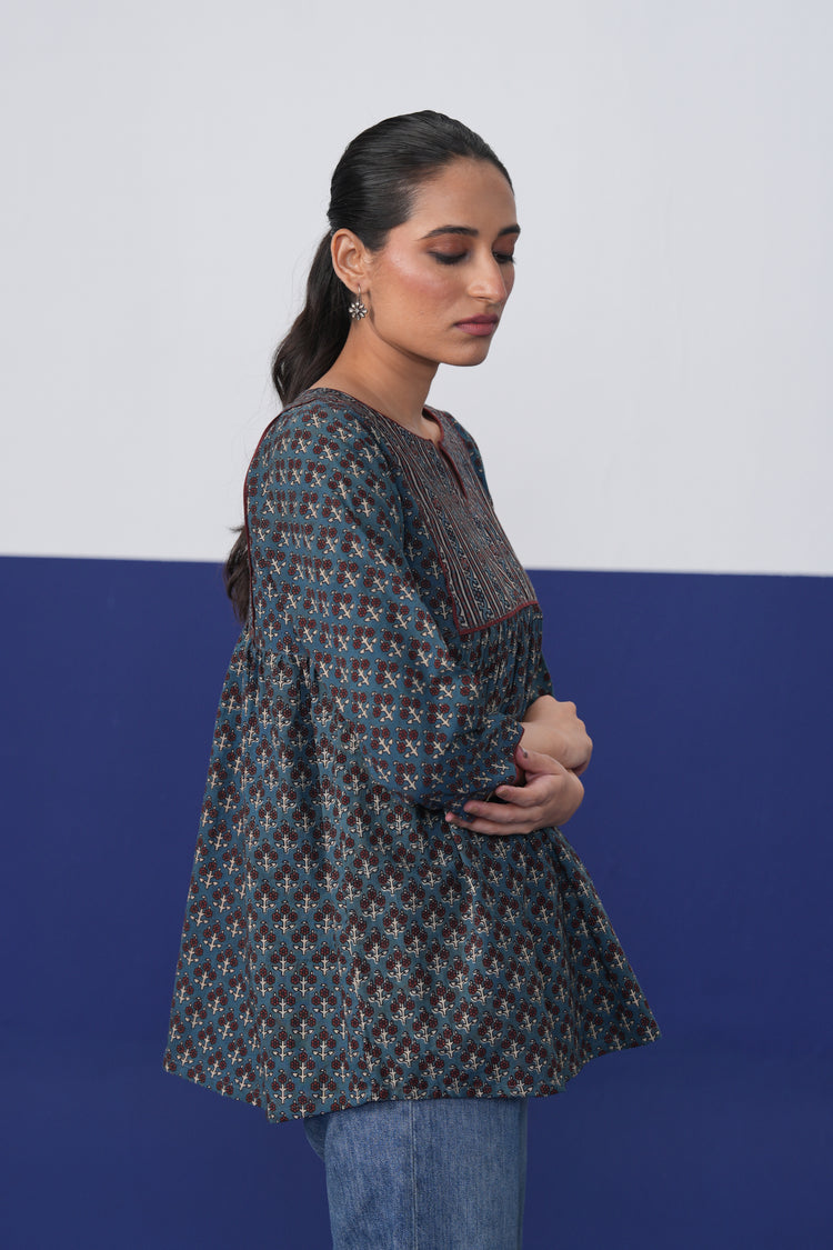 Chloe Hand-Block Printed Cotton Top Teal Blue