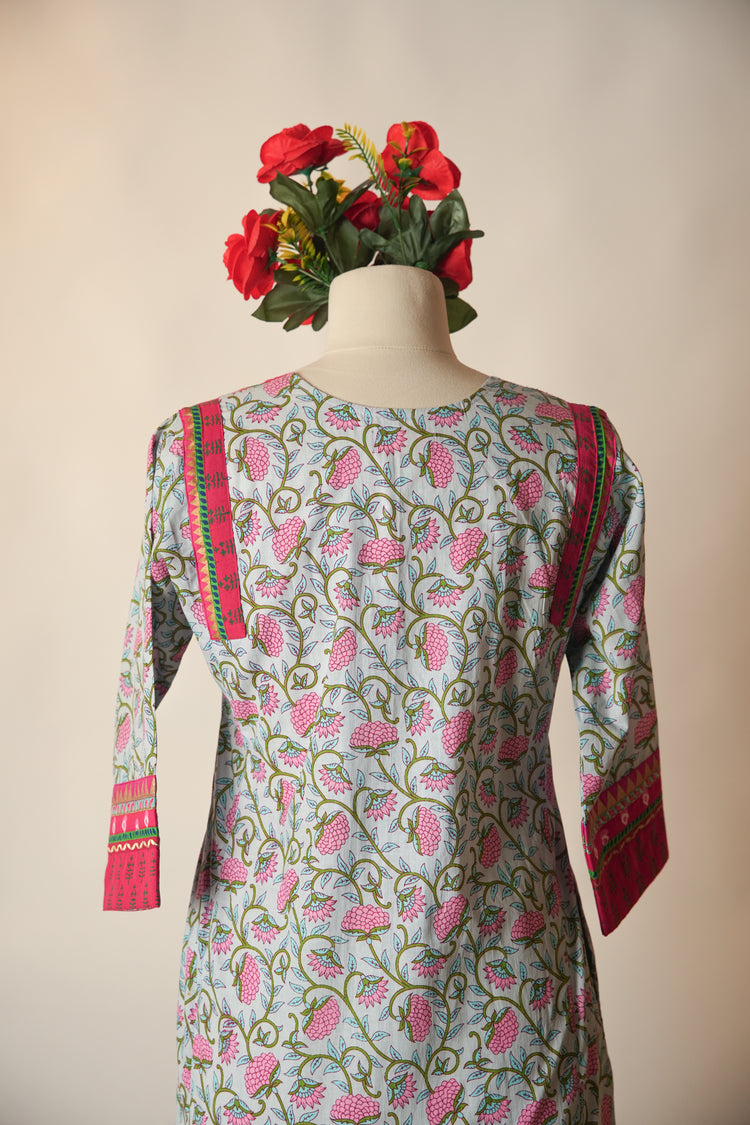 Rozana Printed Cotton Caftan Green Pink