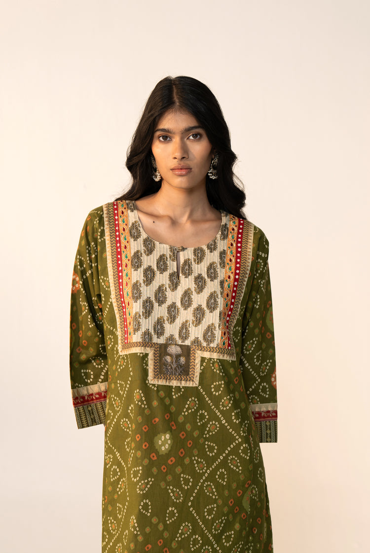 Rozana Cotton Printed Caftan Olive Green