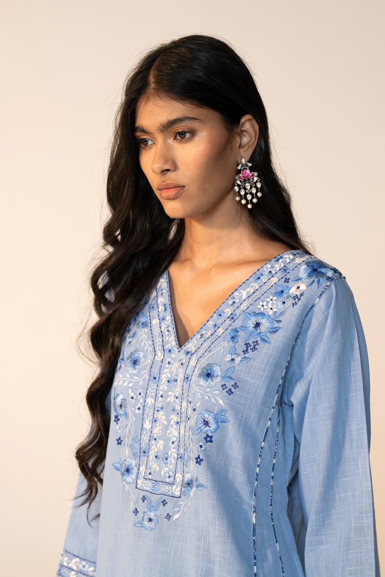 Tulsi Cotton Slub Embroidered Co-ord Set Sky Blue