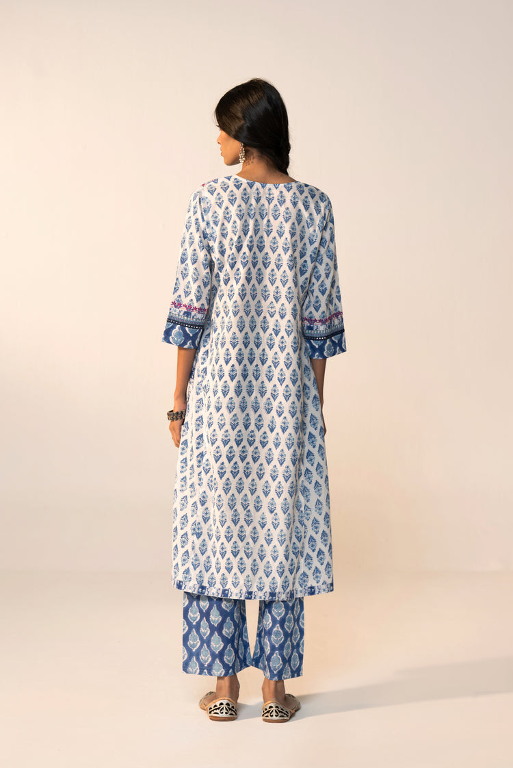Rozana Cotton Printed Kurta White Blue