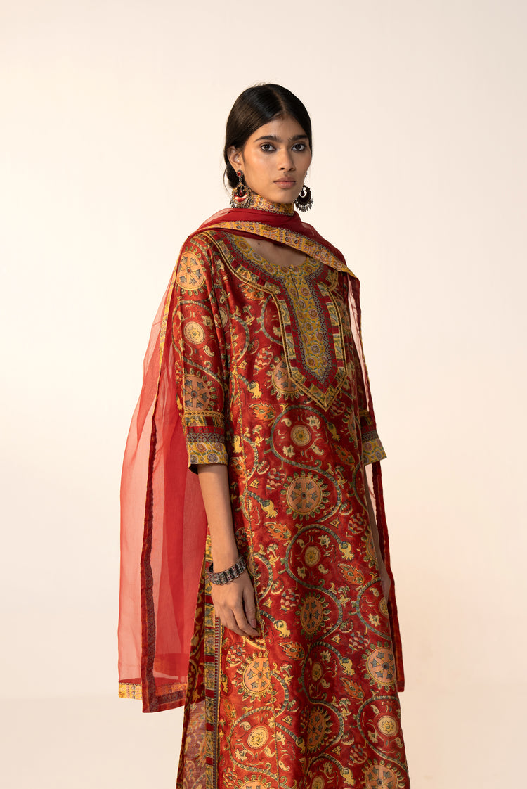 Rozana Chanderi Vanaspati Printed Kurta Maroon Yellow (Set Of 3)