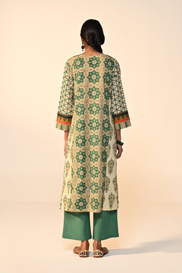 Adya Cotton Ajrakh Printed Kurta Green Beige