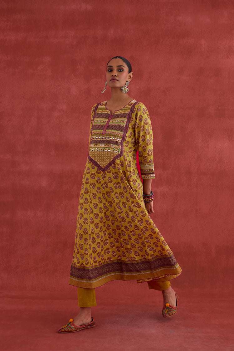 Navya Embroidered Printed Cotton Kurta Mustard (10039834771755)