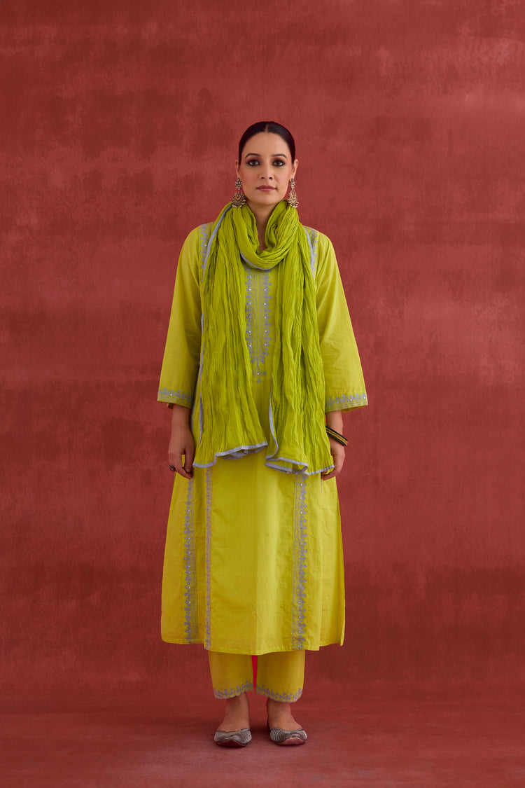 Tulsi Embroidered Cotton Kurta Lime Green (10039919018283)