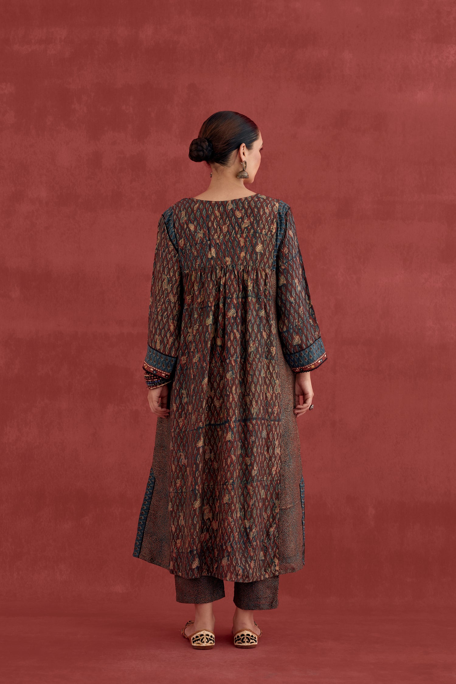 Meera Silk Embroidered Block Printed Kurta Maroon (10049539604779)