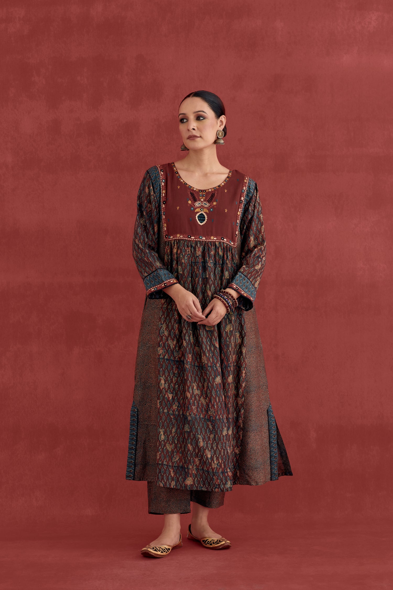 Meera Silk Embroidered Block Printed Kurta Maroon (10049539604779)