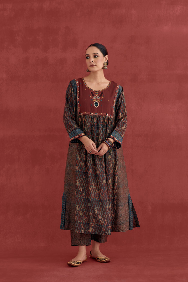 Meera Silk Embroidered Block Printed Kurta Maroon (10049539604779)