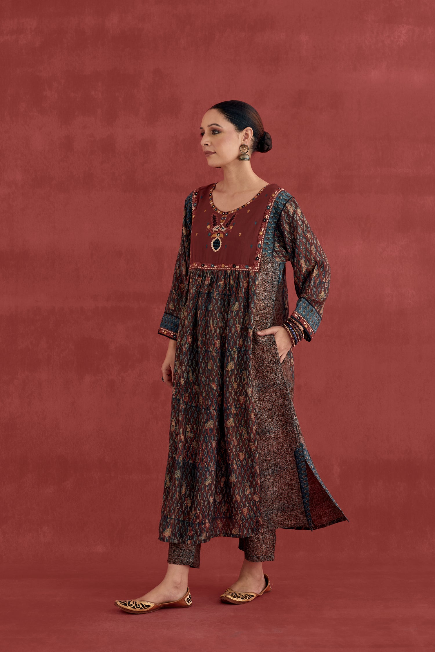 Meera Silk Embroidered Block Printed Kurta Maroon (10049539604779)