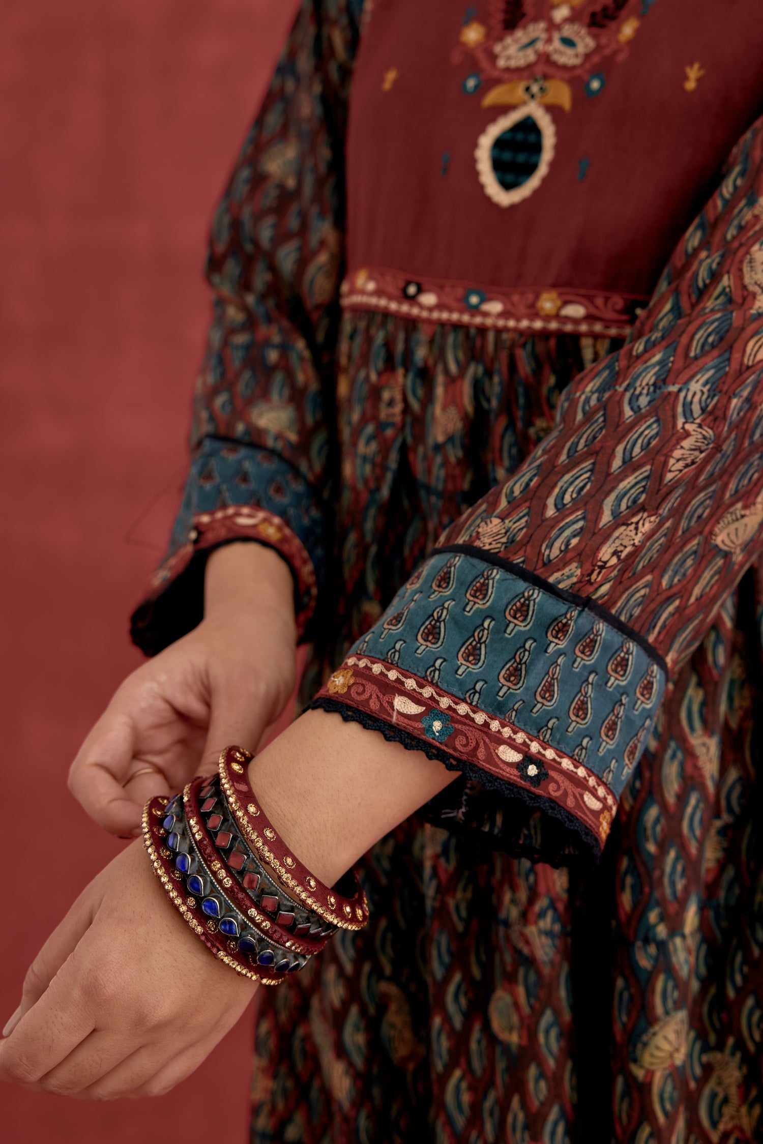 Meera Silk Embroidered Block Printed Kurta Maroon (10049539604779)