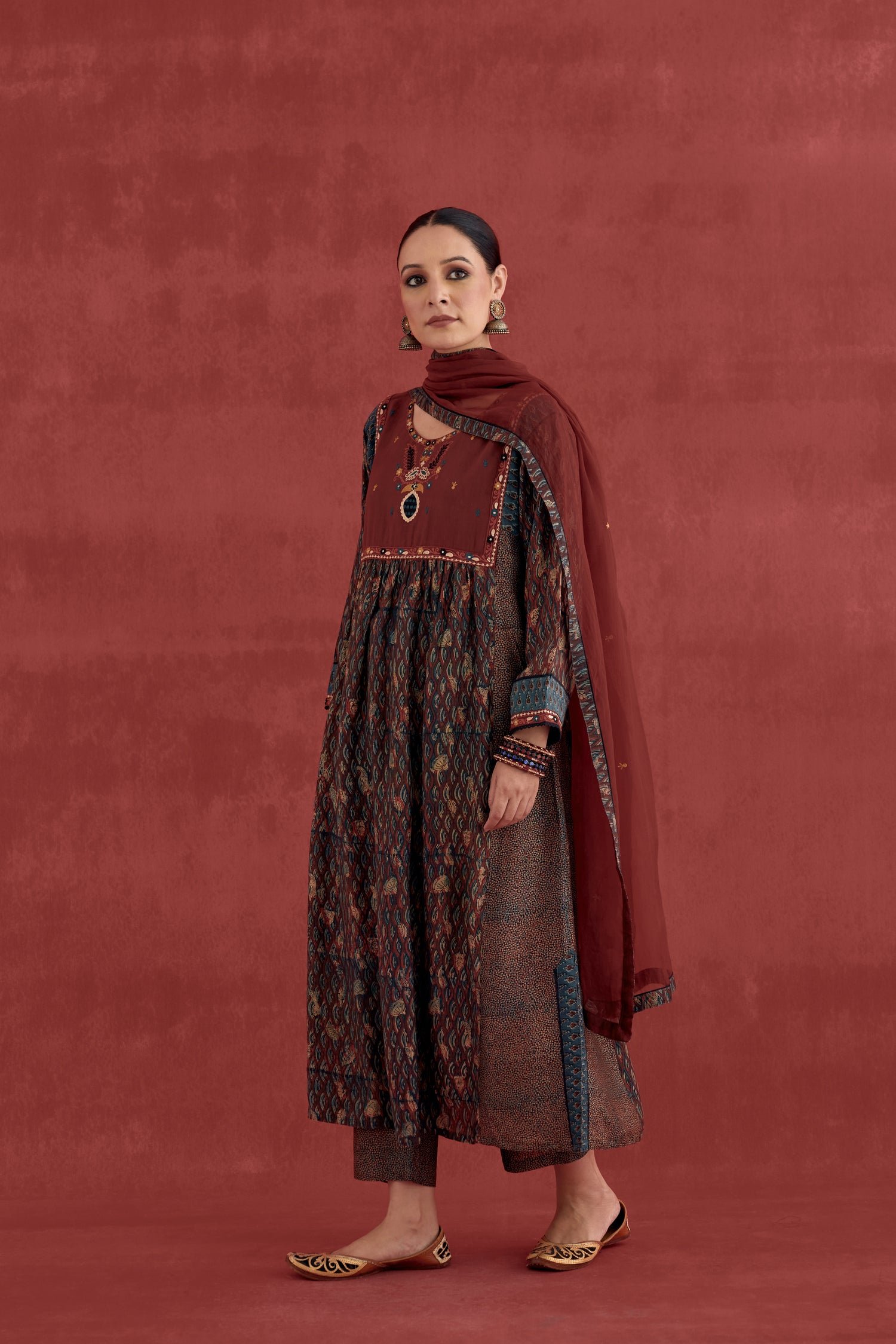 Meera Silk Embroidered Block Printed Kurta Maroon (10049539604779)