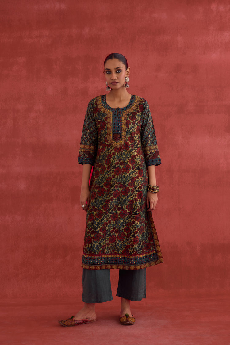 Rozana Chanderi Vanaspati Block Printed Kurta Green Rust (10049093173547)